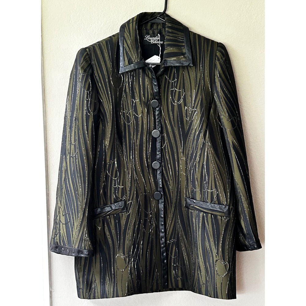 Lourdes Chavez Metallic Abstract Brocade Jacket Olive Green Studded Trim Size 12